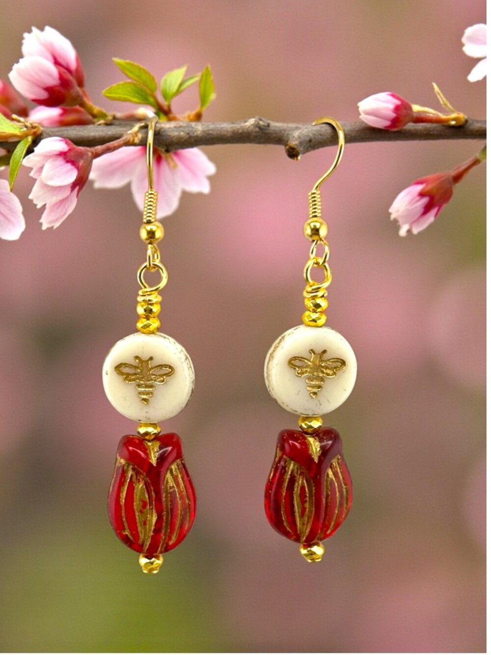 Czech Glass Bee Tulip Earrings Garnet Red Floral Dangle Cottagecore Boho - Picture 1 of 10